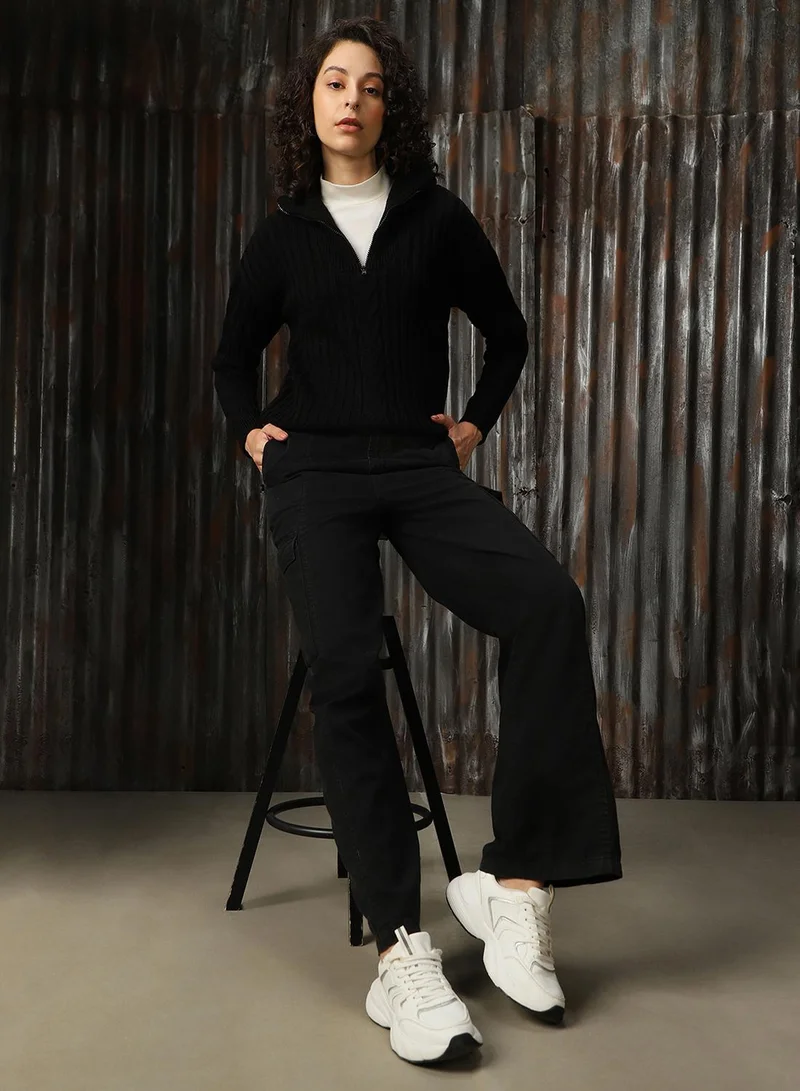 HIGH STAR Black Women's Black 100% Acrylic Solid Regular Fit Sweater for Women | Best Price UAE