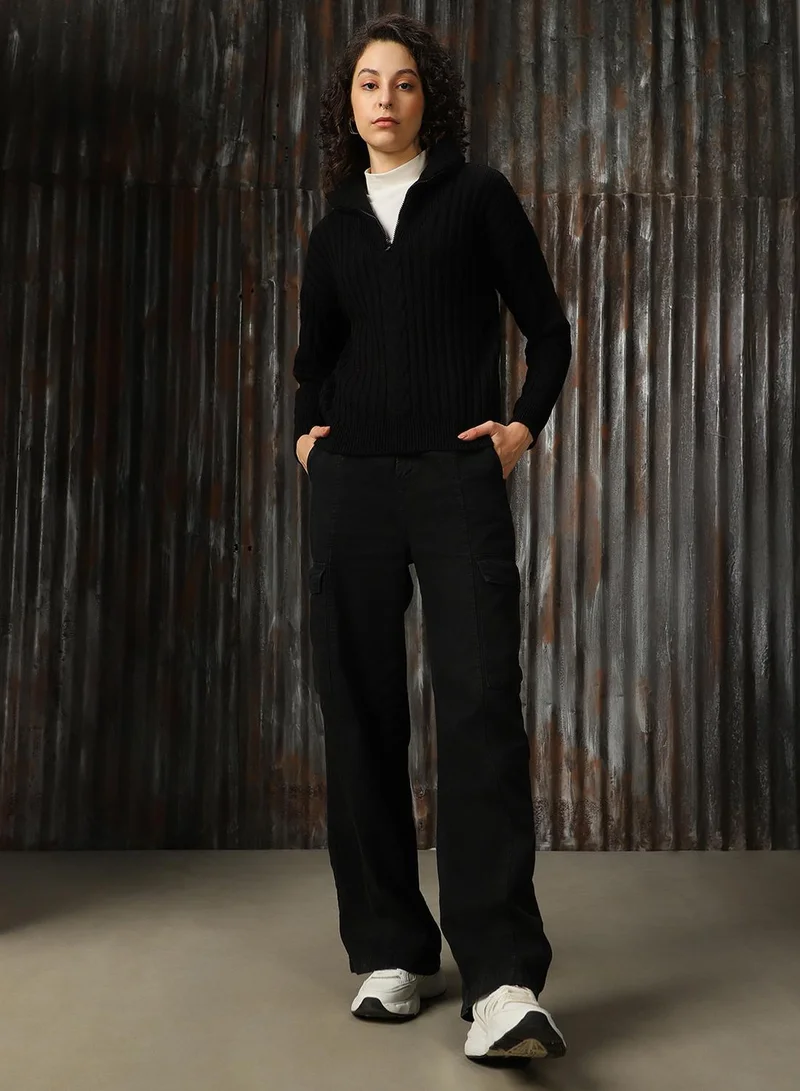 HIGH STAR Black Women's Black 100% Acrylic Solid Regular Fit Sweater for Women | Best Price UAE