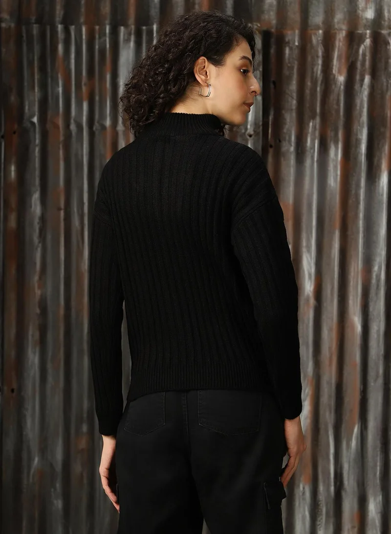 HIGH STAR Black Women's Black 100% Acrylic Solid Regular Fit Sweater for Women | Best Price UAE