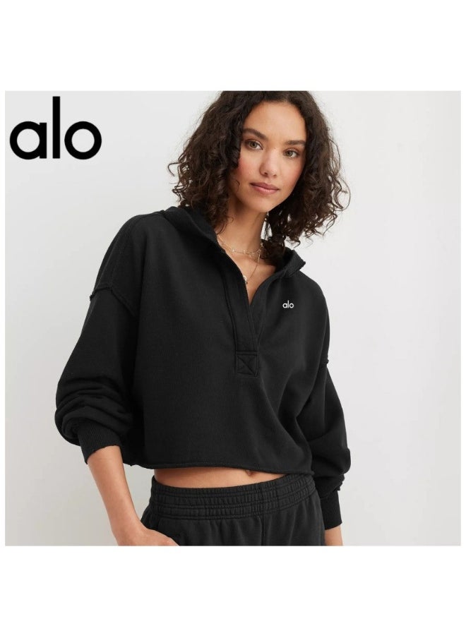 alo - ALO sweatshirt women's pullover V-neck long sleeve top dropped shoulder sleeves knitted jacket fitness sports hooded yoga wear - Image 1