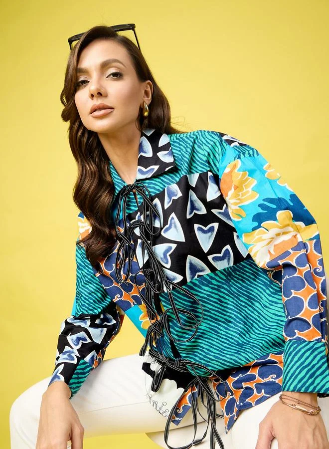 Uptownie Green All Over Print Front Tie-Up Longline Shirt