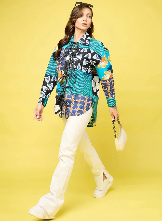 أبتاوني بلوزة طويلة مطبعة بالكامل مع أربطة