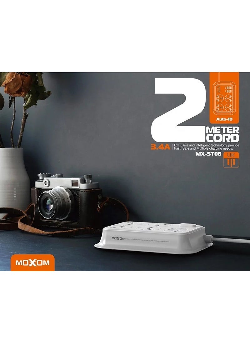 MOXOM MX-ST06 Power Strip with 4 Anti-Static Sockets, 6 USB Ports, 2 Type-C Ports, Surge Protector, 2 Meter Length, Multi-Outlet Power Strip, White  - Image 2
