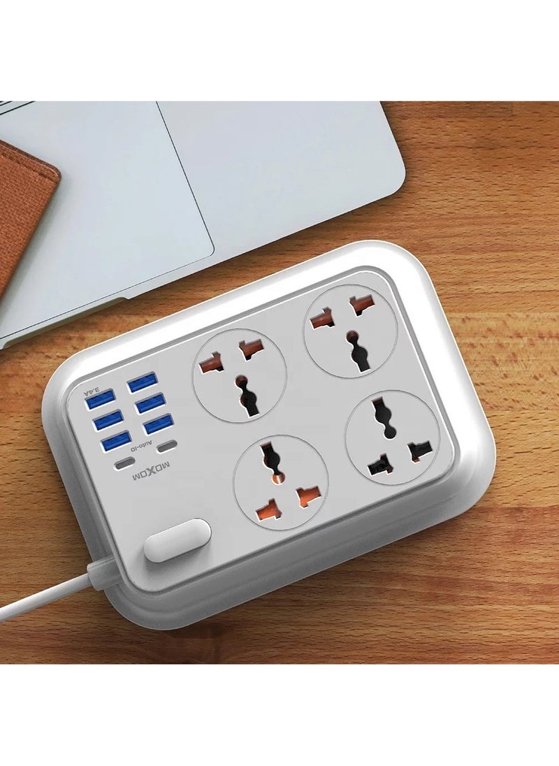 MOXOM MX-ST06 Power Strip with 4 Anti-Static Sockets, 6 USB Ports, 2 Type-C Ports, Surge Protector, 2 Meter Length, Multi-Outlet Power Strip, White  - Image 1