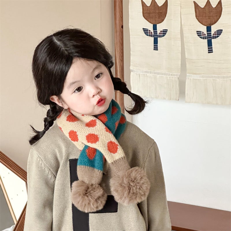 Cute Knitted Baby Winter Scarf with Pompoms Polka dot rice lake blue 