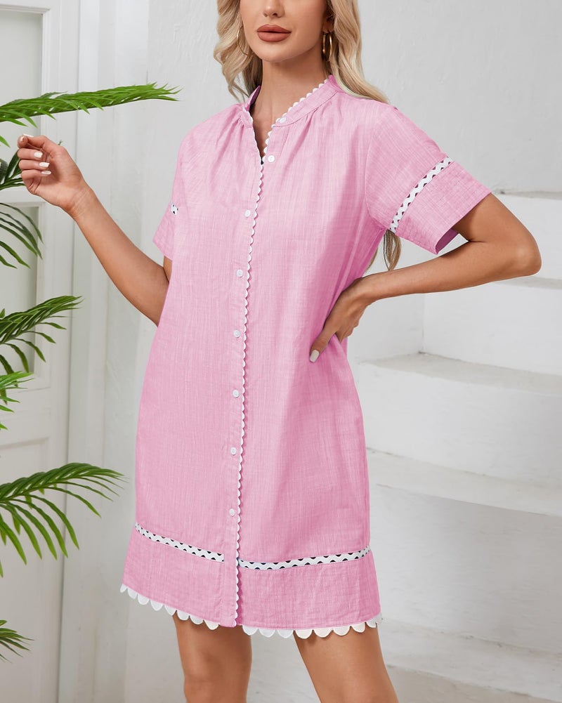 YEXPINE Women's Short Sleeve Summer Shirt Dress Button Down Belted Tunic Mini Dresses RIC Rac Trim Sundress with Pockets(Pink-S) - Image 4