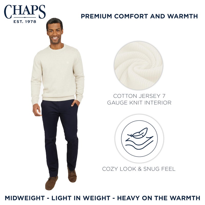 Chaps Men's Classic Fit Long Sleeve Cotton Jersey Midweight Crewneck Sweater, Oatmeal Heather, Large - Image 3