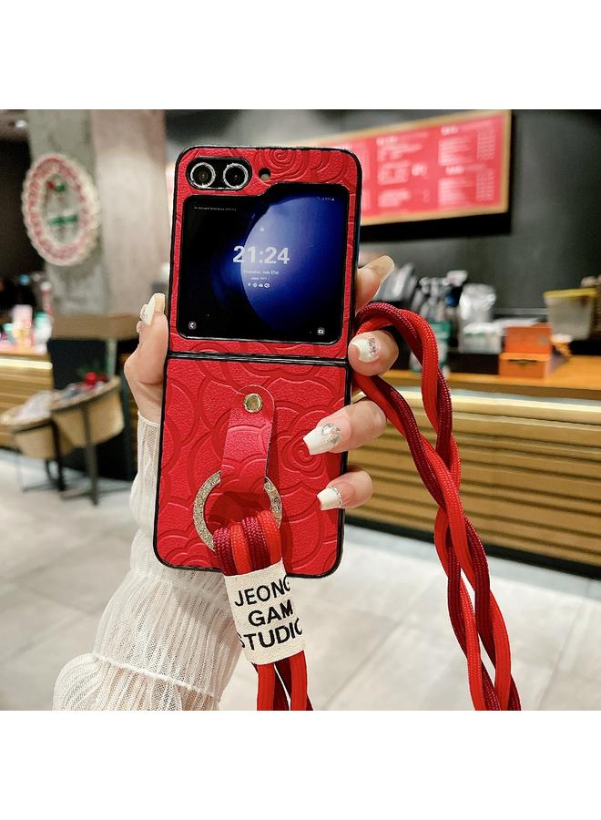 S-TOP Case For Samsung Galaxy Z Flip6 Impression Camellia Pattern Protective Phone Case with Diamond Ring Long Lanyard - Image 2