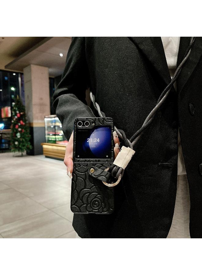 S-TOP Case For Samsung Galaxy Z Flip6 Impression Camellia Pattern Protective Phone Case with Diamond Ring Long Lanyard - Image 3