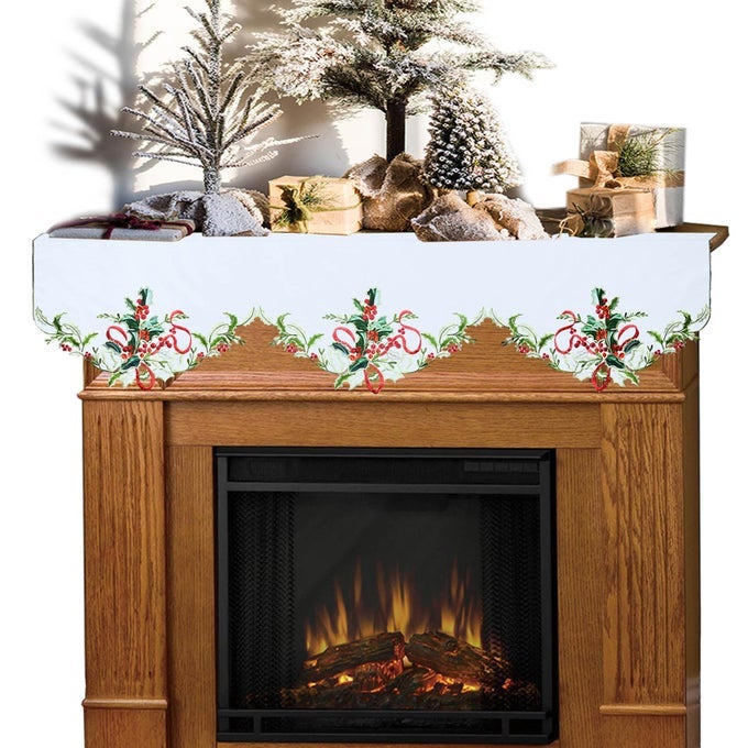 EMBROIDERED HOLLY LEAVES TABLE RUNNER FOR CHRISTMAS HOLIDAY 14X90 INCHES