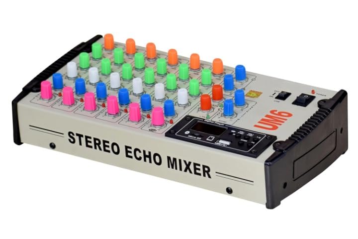kh 6 Channel Live Sound Mixer with USB & Bluetooth Stereo Digital Echo Mixer Console with MIC Inputs, EQ, PAN, Fader, Gain Control Audio Mixing Console for Studio & Live, Silver - Image 2
