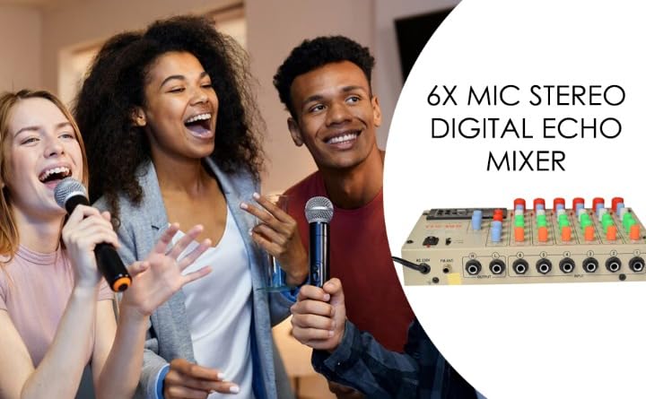 kh 6 Channel Live Sound Mixer with USB & Bluetooth Stereo Digital Echo Mixer Console with MIC Inputs, EQ, PAN, Fader, Gain Control Audio Mixing Console for Studio & Live, Silver - Image 4