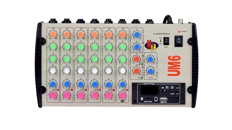 kh 6 Channel Live Sound Mixer with USB & Bluetooth Stereo Digital Echo Mixer Console with MIC Inputs, EQ, PAN, Fader, Gain Control Audio Mixing Console for Studio & Live, Silver - Image 1