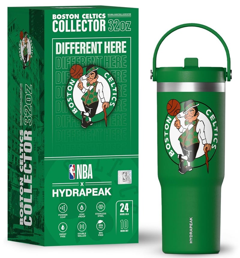 Hydrapeak x NBA Officially Licensed Boston Celtics 32oz Nomad Stainless Steel Tumbler with Handle and Straw Lid Leakproof Water Bottle in Limited Edition Collectors Gift Box