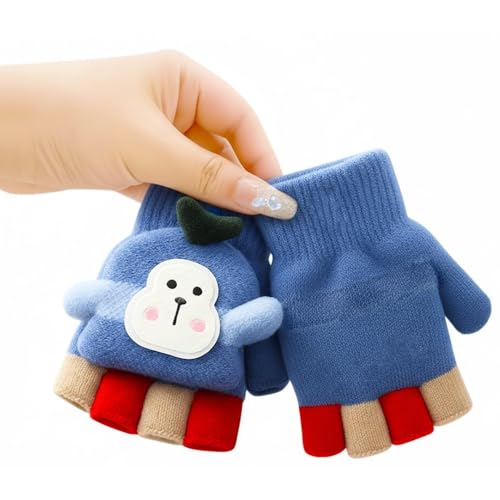 SOLDTRUE Baby Wool Soft Gloves|Cute Cartoon Design 2-in-1 Convertible Full & Half Finger Knitted Mittens|Warm, Windproof & Winter Gloves for Kids 3-8 Years, Ideal Gift for Christmas & Birthday (Blue) - Image 1