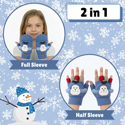 SOLDTRUE Baby Wool Soft Gloves|Cute Cartoon Design 2-in-1 Convertible Full & Half Finger Knitted Mittens|Warm, Windproof & Winter Gloves for Kids 3-8 Years, Ideal Gift for Christmas & Birthday (Blue) - Image 3