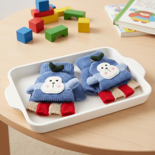 SOLDTRUE Baby Wool Soft Gloves|Cute Cartoon Design 2-in-1 Convertible Full & Half Finger Knitted Mittens|Warm, Windproof & Winter Gloves for Kids 3-8 Years, Ideal Gift for Christmas & Birthday (Blue) - Image 4
