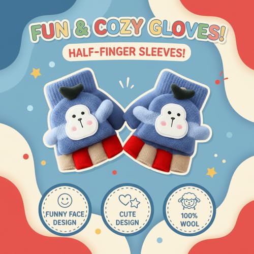 SOLDTRUE Baby Wool Soft Gloves|Cute Cartoon Design 2-in-1 Convertible Full & Half Finger Knitted Mittens|Warm, Windproof & Winter Gloves for Kids 3-8 Years, Ideal Gift for Christmas & Birthday (Blue) - Image 2