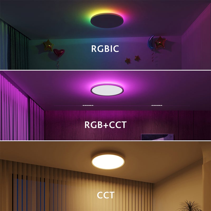 ضوء سقف LED 30W 2700LM دائري مسطح مع تحكم WiFi BT RGBIC/CCT/RGB 2700K-6500K قابل للتعتيم مع تحكم عبر التطبيق مع جهاز تحكم عن بعد 2.4G للمنزل وغرفة النوم وخزانة الملابس - Image 5