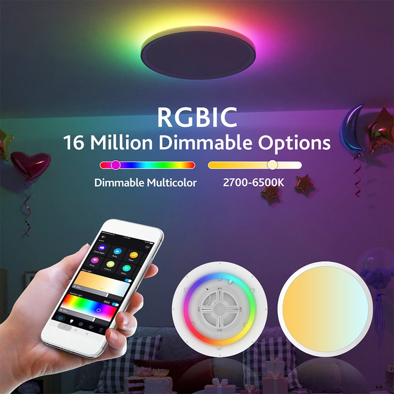 ضوء سقف LED 30W 2700LM دائري مسطح مع تحكم WiFi BT RGBIC/CCT/RGB 2700K-6500K قابل للتعتيم مع تحكم عبر التطبيق مع جهاز تحكم عن بعد 2.4G للمنزل وغرفة النوم وخزانة الملابس - Image 2