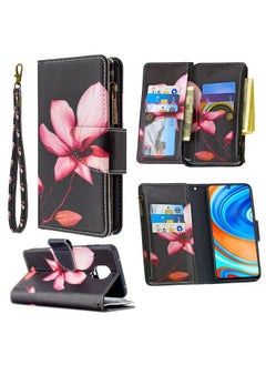 Case Cover For Xiaomi Redmi Note 9 Pro Colored Drawing Pattern Zipper Horizontal Flip Leather Case with Holder & Card Slots & Wallet Lotus