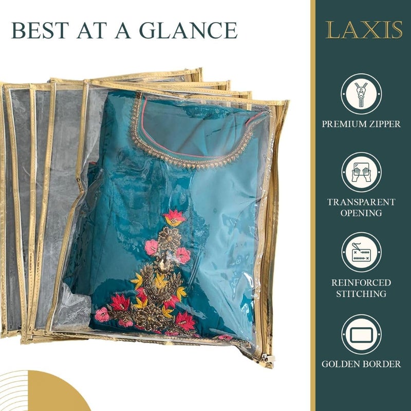LAXIS ® Non-Woven Single Saree Bags Golden Colour, Transparent Saree Covers With Zip, Saree Covers For Storage, Wardrobe Organiser, Size-36x42x2CM (Pack of 10) - Image 3