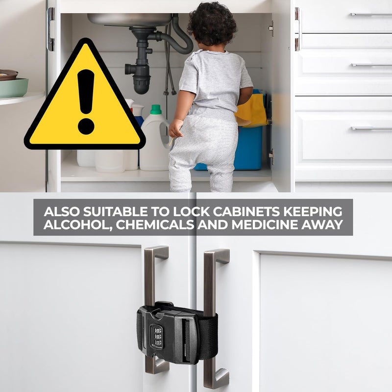 Lion Locks قفل الثلاجة للأطفال والبالغين 2 عبوة قفل ثلاجة بأبواب فرنسية قابل للتعديل قفل ثلاجة للأطفال والصغار والبالغين قفل ثلاجة ذو بابين سهل التركيب - Image 5