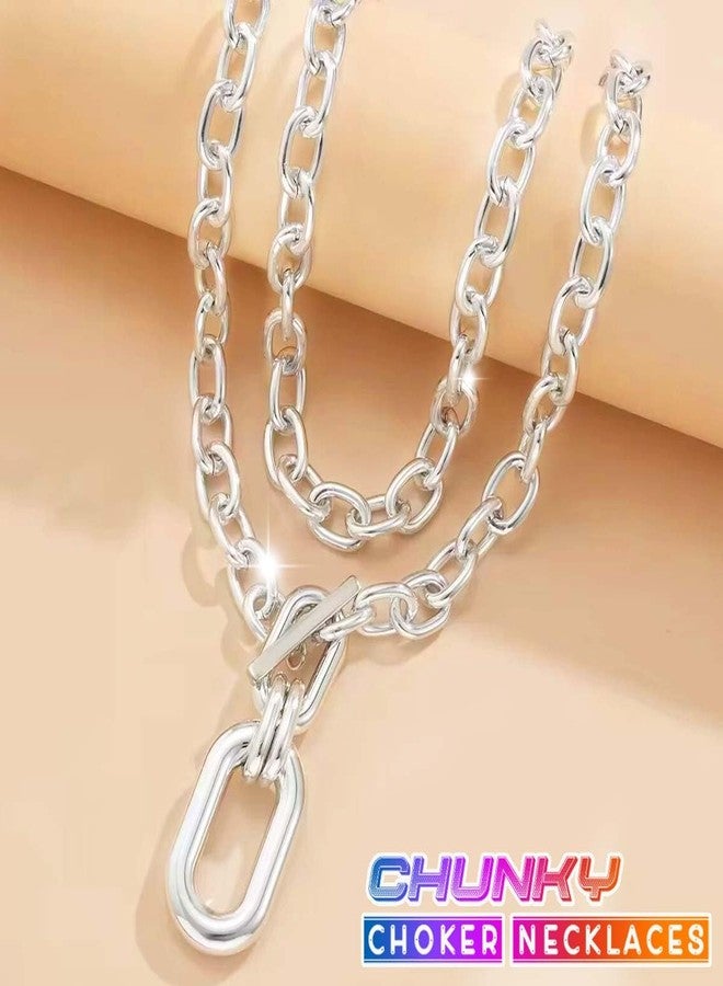 CLOACE Chunky Choker Necklaces Layered Pendant Necklace Chain Punk Thick Necklace Accessories for Women (silver) - Image 2