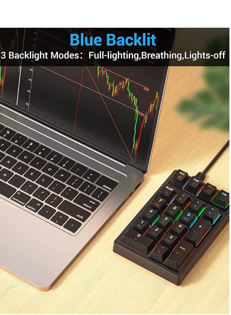 Number Pad , Mechanical USB Wired Numeric Keypad With RGB LED Backlit , 21 Keys Numpad , Mini Numpad Portable Mechanical Numeric Keypad For Laptop/Desktop/Computer/PC , Black