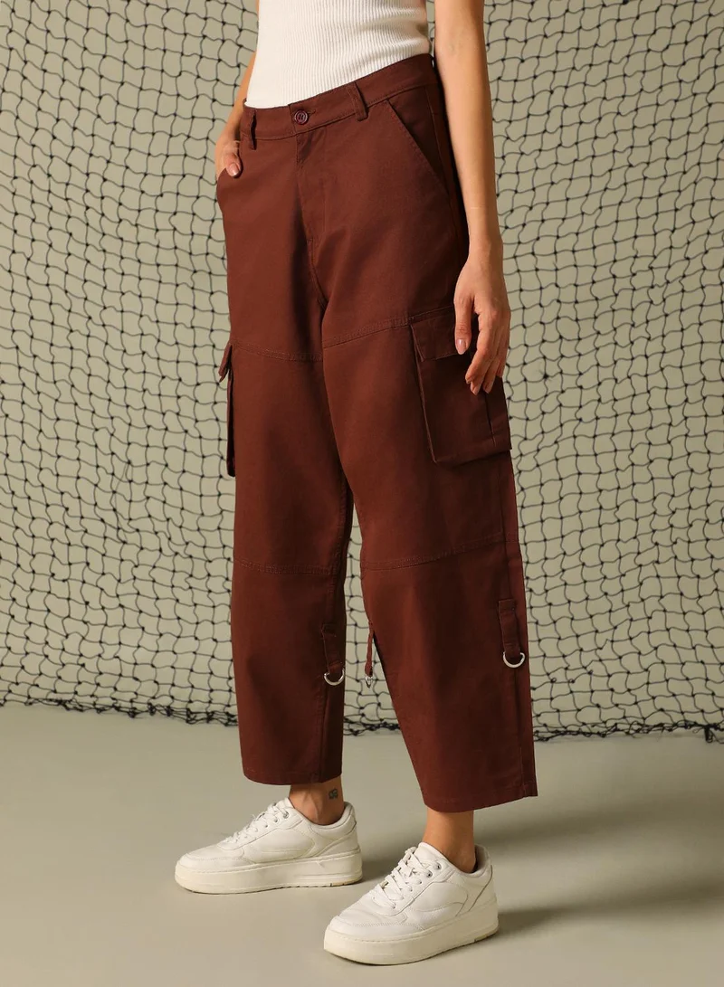 Hubberholme Women's Brown Cotton Blend Solid Full Length Cargo Tapered Fit Trouser