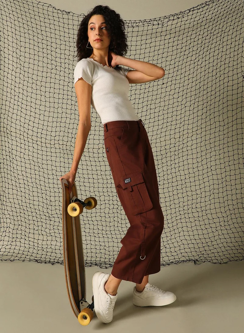 Hubberholme Women's Brown Cotton Blend Solid Full Length Cargo Tapered Fit Trouser