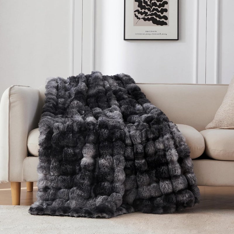 COOVA Faux Fur Throw Blanket for Couch, Cozy Soft and Fuzzy Plush Rabbit Fur Bubble Blanket for Sofa Bedroom Living Room, 60x80 Inches Tie Dye Black - Image 1