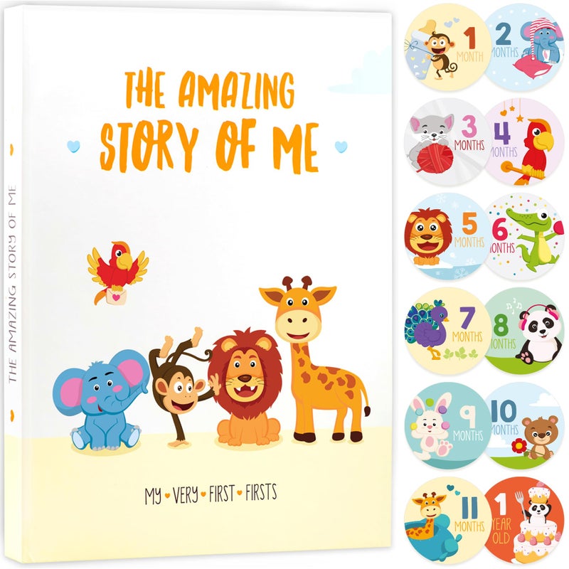 KiddosArt كتاب ذكريات الطفل للصبي أو الفتاة | دفتر تذكار لتوثيق السنوات الخمس الأولى من حياة الطفل وتسجيل المعالم والصور | ألبوم قصاصات محايد للجنس للأطفال حديثي الولادة مع 12 ملصق شهري - Image 1