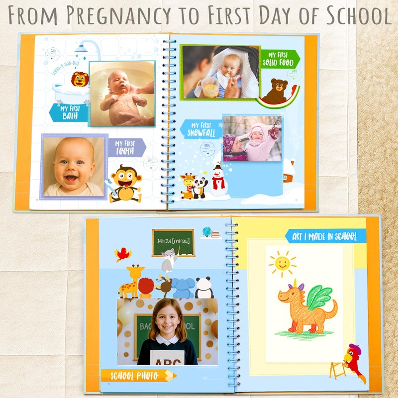KiddosArt كتاب ذكريات الطفل للصبي أو الفتاة | دفتر تذكار لتوثيق السنوات الخمس الأولى من حياة الطفل وتسجيل المعالم والصور | ألبوم قصاصات محايد للجنس للأطفال حديثي الولادة مع 12 ملصق شهري - Image 5