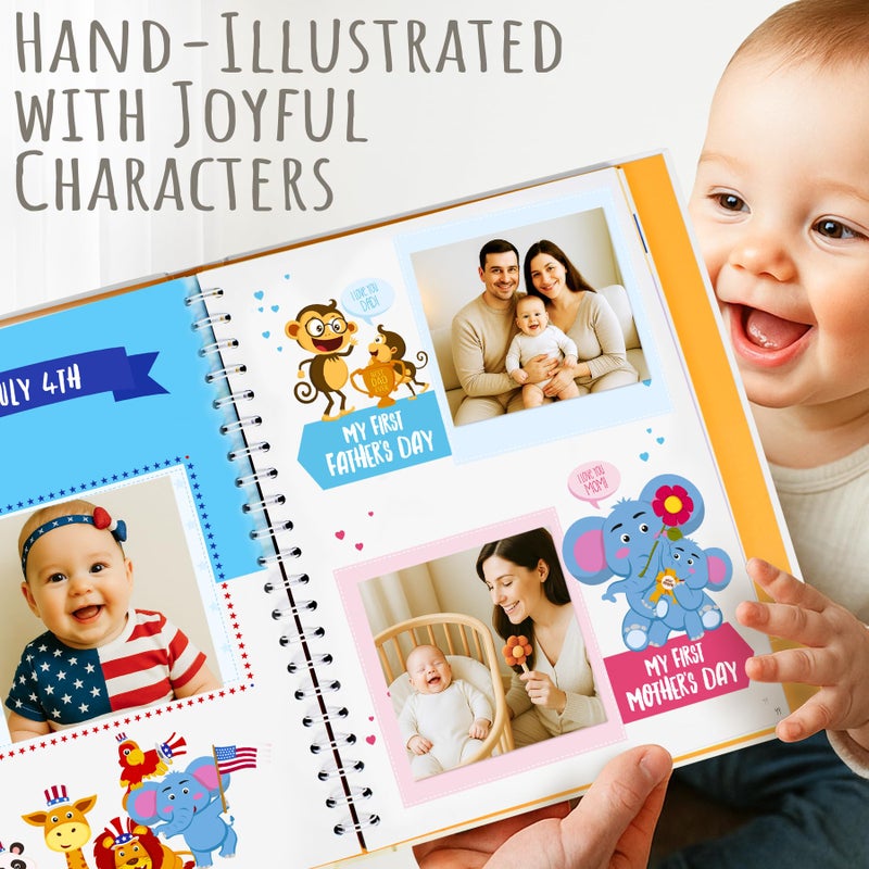 KiddosArt كتاب ذكريات الطفل للصبي أو الفتاة | دفتر تذكار لتوثيق السنوات الخمس الأولى من حياة الطفل وتسجيل المعالم والصور | ألبوم قصاصات محايد للجنس للأطفال حديثي الولادة مع 12 ملصق شهري - Image 3