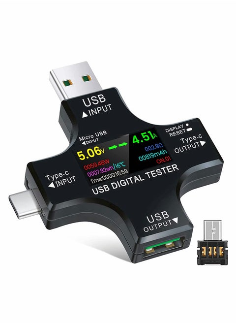 USB C Tester 2 in 1 Color Screen IPS Digital Multimeter Amperage Power Voltage Resistance Temperature Capacity Detector Charging Checker
