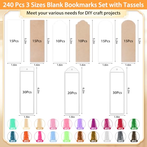 Comkrivy 240 Pcs Kraft Paper Blank Bookmarks, 3 Sizes 2 Colors Bookmark Making Kit with 80 Pcs Clear Bookmark Sleeves & 80 Pcs Colorful Tassels, Paper Book Mark Bulk for DIY Crafts, Gift Tags, School Projects - Image 2