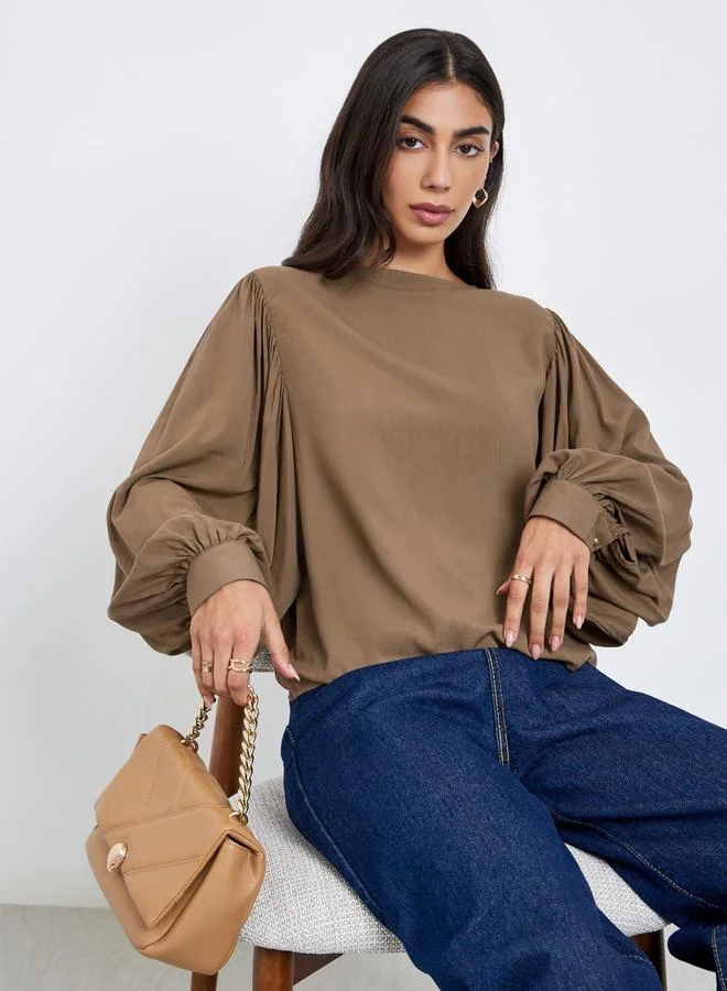 Styli Styli Brown Balloon Sleeve Blouse