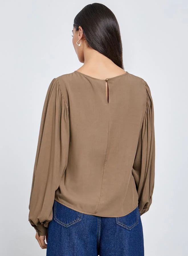Styli Styli Brown Balloon Sleeve Blouse