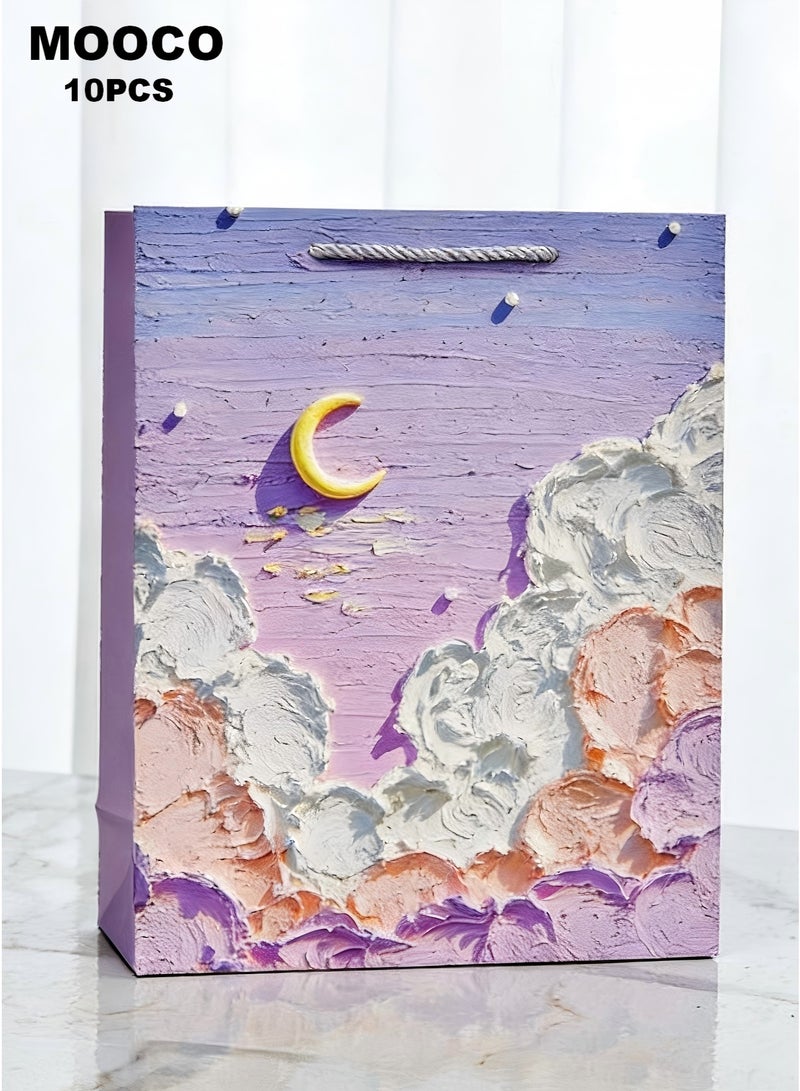 MOOCO 10PCS Large Gift Bags (32*25*11CM),Oil Painting Gift Bag,Moon Cloud Painting Paper Bags Portable Party Bags with Handles, Birthday Gift Bags, Present Bags for Wedding Party, Party Supplies, Gift Bags Set Suitable for Festival, Birthday, Anniversary, Mother's Day,Holiday Gift Bags,Gifts Bags for Ladies,Valentine's Day Gift Bag, Jewelry Bag, Souvenir Bag, Cosmetic Handbag, Purple - Image 1