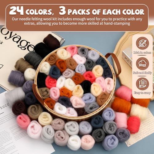 Mayboos 72 Pcs Needle Felting Wool, 24 Colors 7.6 oz Wool Roving Yarn, Fiber Wool Roving for Beginners DIY Hand Spinning Needle Felting Wool Craft 3g/Pack - Image 3