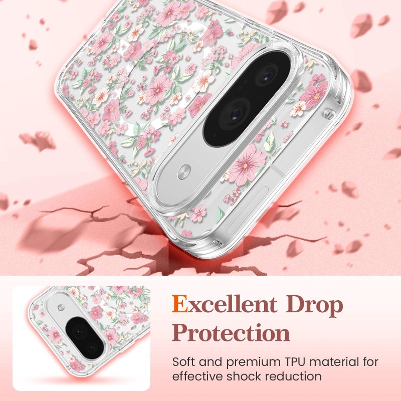 RALEAVO for Google Pixel 10/10 Pro Case Compatible with MagSafe Clear Floral Pattern Design Cute for Girls Women Slim Magnetic Hard Back Shockproof Phone Case for Pixel 10/10 Pro,Pink Flowers - Image 4