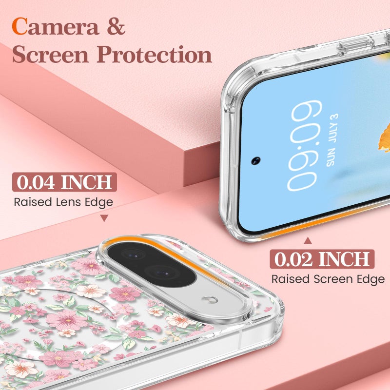 RALEAVO for Google Pixel 10/10 Pro Case Compatible with MagSafe Clear Floral Pattern Design Cute for Girls Women Slim Magnetic Hard Back Shockproof Phone Case for Pixel 10/10 Pro,Pink Flowers - Image 3