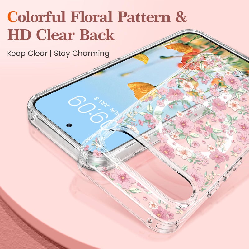 RALEAVO for Google Pixel 10/10 Pro Case Compatible with MagSafe Clear Floral Pattern Design Cute for Girls Women Slim Magnetic Hard Back Shockproof Phone Case for Pixel 10/10 Pro,Pink Flowers - Image 2