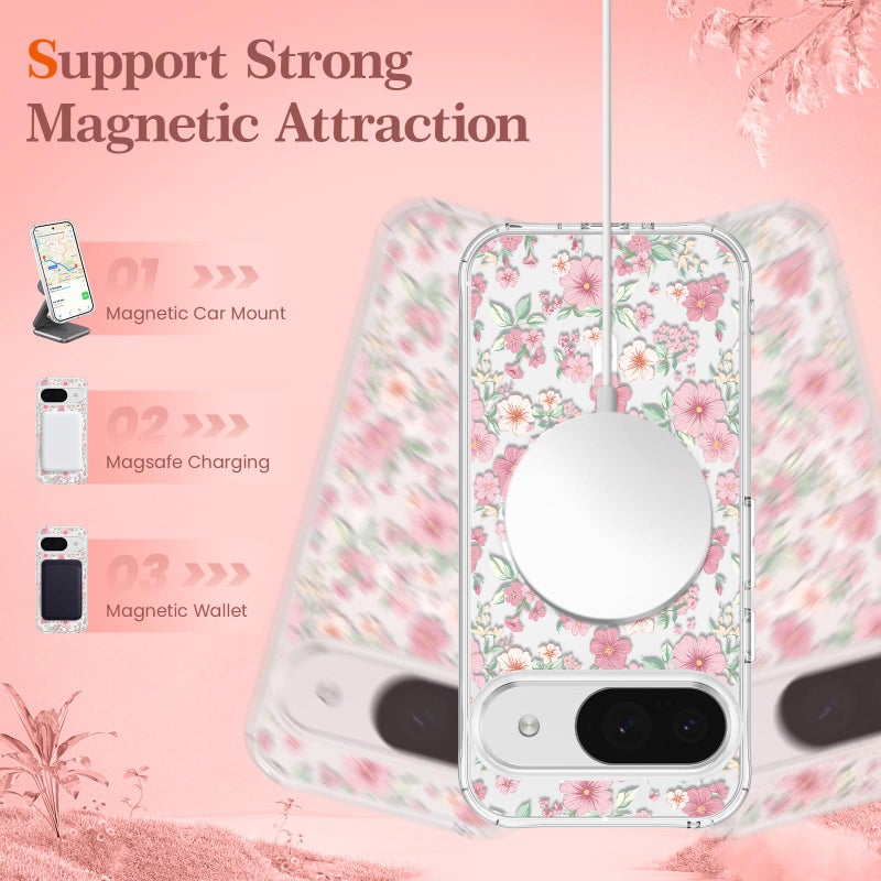 RALEAVO for Google Pixel 10/10 Pro Case Compatible with MagSafe Clear Floral Pattern Design Cute for Girls Women Slim Magnetic Hard Back Shockproof Phone Case for Pixel 10/10 Pro,Pink Flowers - Image 5