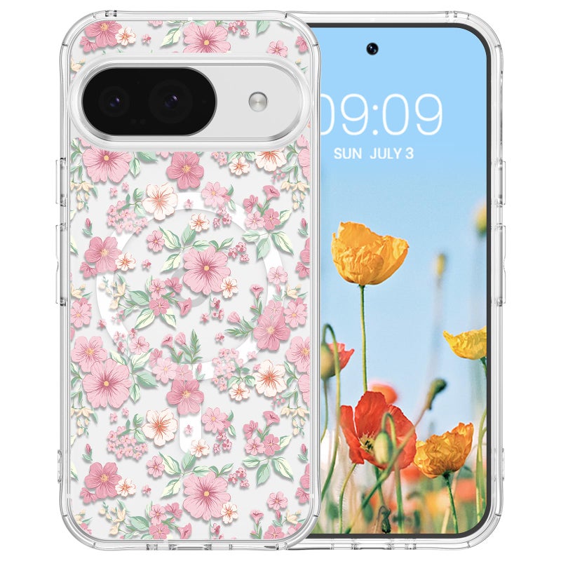 RALEAVO for Google Pixel 10/10 Pro Case Compatible with MagSafe Clear Floral Pattern Design Cute for Girls Women Slim Magnetic Hard Back Shockproof Phone Case for Pixel 10/10 Pro,Pink Flowers - Image 1