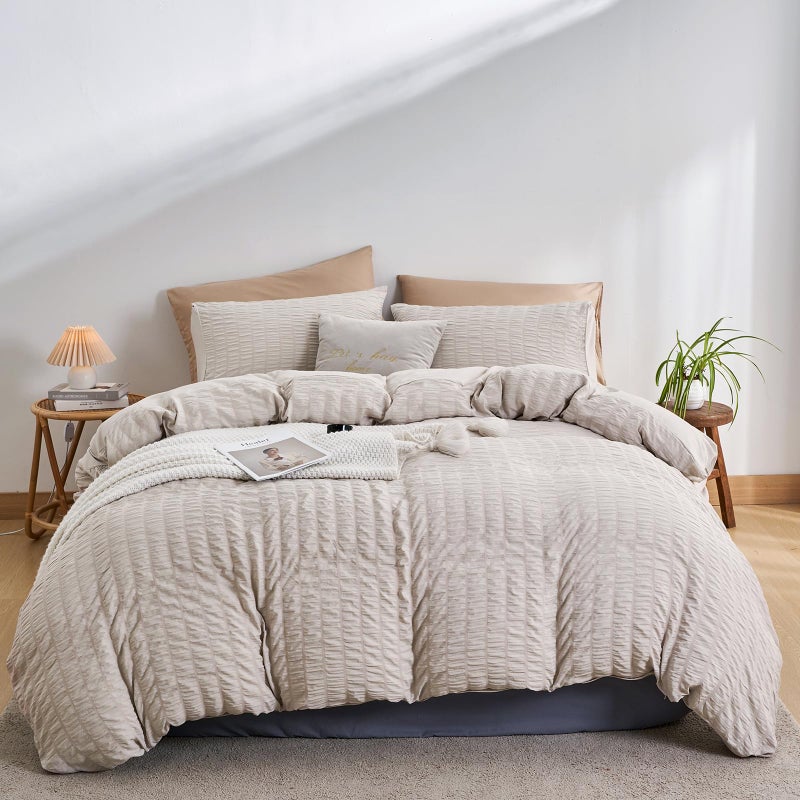 DuShow Double Bed Duvet Cover Set BeigeSeersucker Duvet Cover DoubleTextured Duvet Cover with 2 PillowcasesSoft Breathable Bedding Set With ZipperBeige200200cm