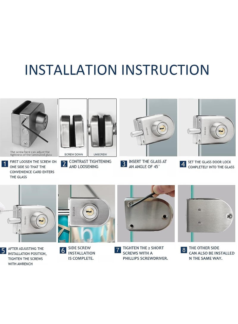 SYOSI Fits on 1/2 Glass 0.39 -0.47Glass Door Lock, Stainless Steel Glass Door Lock Anti-Theft Security Double Swing Hinged Frameless Push Sliding Gate Floor Latch Bolt Ground - Image 2