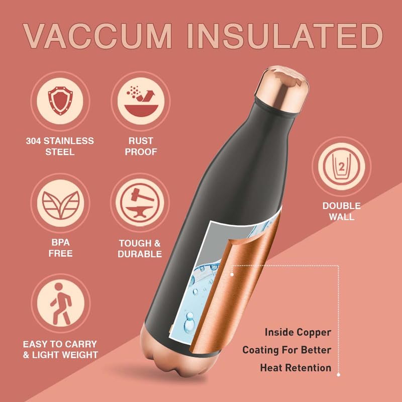 Flair Flair Spark Insulated Steel Bottle | Upto 24 Hours Hot & Cold | Leakproof, BPA-Free, Tough & Durable, Copper Coated-Double Walled, Rust Free Water Bottle (500 ml,Black) - Image 4