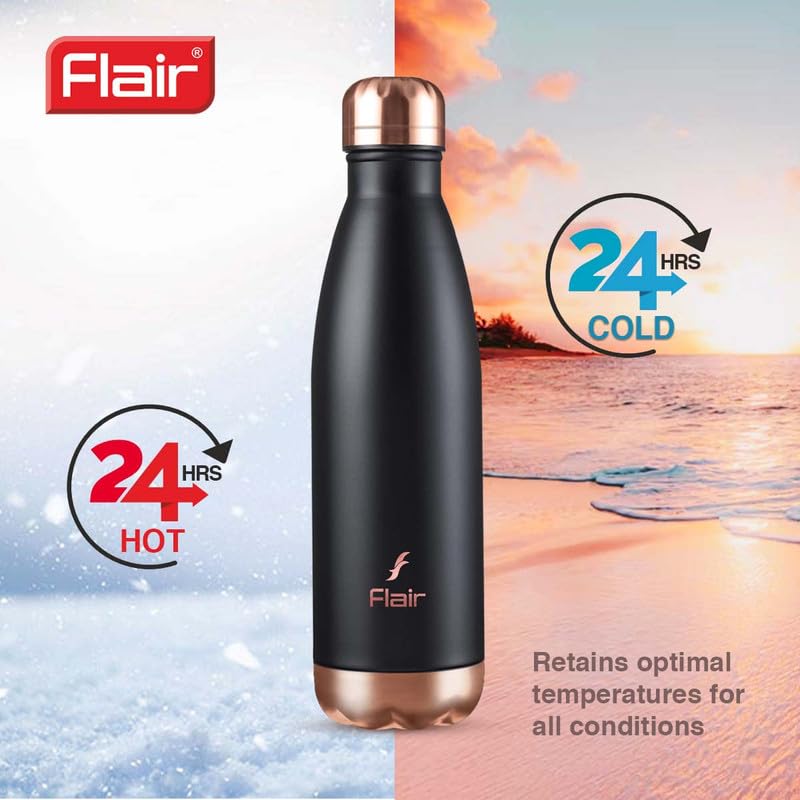 Flair Flair Spark Insulated Steel Bottle | Upto 24 Hours Hot & Cold | Leakproof, BPA-Free, Tough & Durable, Copper Coated-Double Walled, Rust Free Water Bottle (500 ml,Black) - Image 3